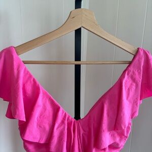 NWT Trina Turk Womens 6 Hot Pink Palm Tree Textured Sway Ruffle Plunge Swimsuit